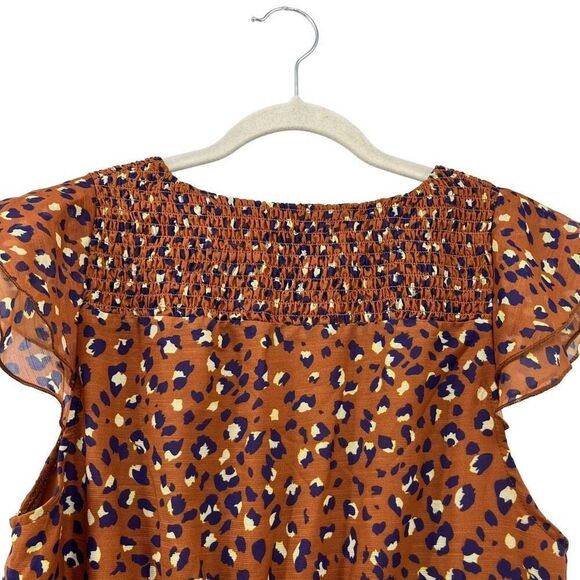 Foxiedox Mini Dress Luna Leopard Print Smocked Ruffle Flutter Sleeve M - Picture 4 of 10